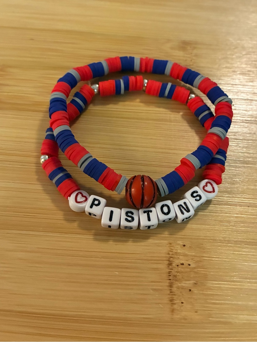 Pistons Beaded Bracelet Set - Red, Blue & Gray Basketball Bead